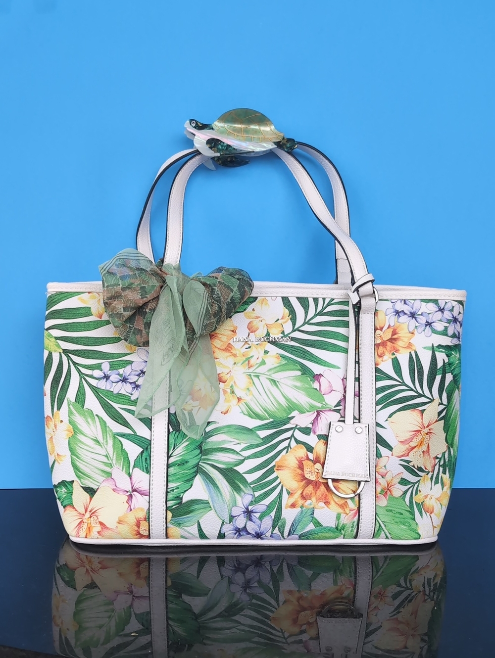 Dana Buchman Floral Tropical Tote Bag with White Trim Size 15+9+6